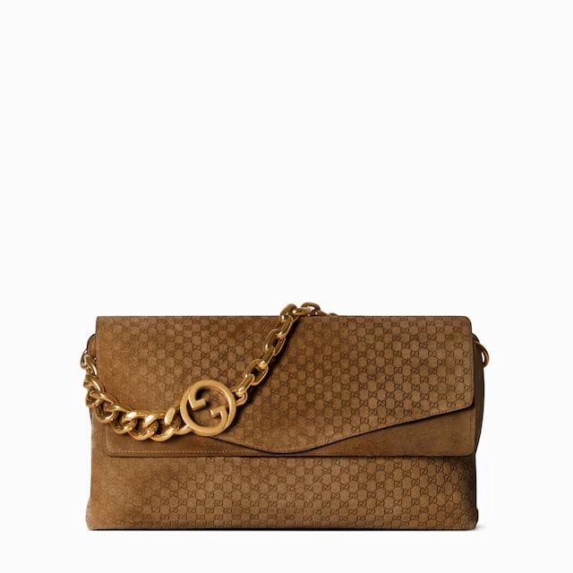 Large shoulder bag with chain in brown GG suede